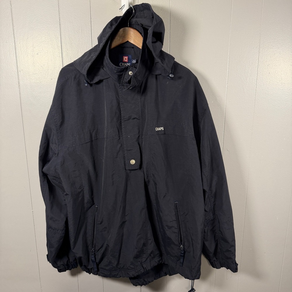 Chaps Mens XL Navy Blue Hooded Anorak Pullover Windbreaker Jacket Vintage Style